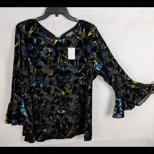 NWT 3X Floral velvet sash tie neck top